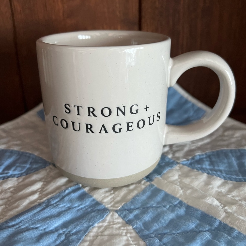 Stoneware Style Coffee Tea Mug. 14 oz. Strong & Courageous. Brand New.